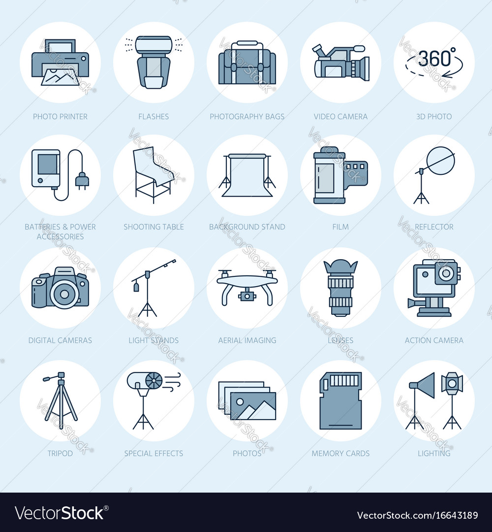 Photography equipment flat line icons digital Vector Image