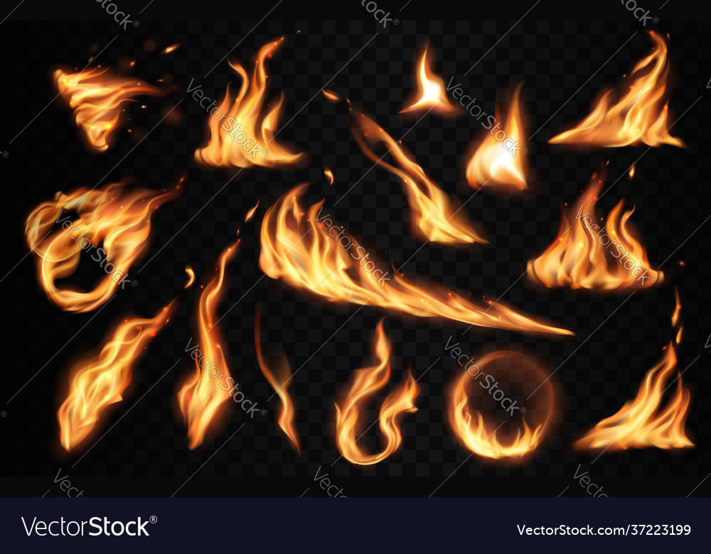 Burning fire flames with flashes realistic vector image Burning fire flames with flashes realistic