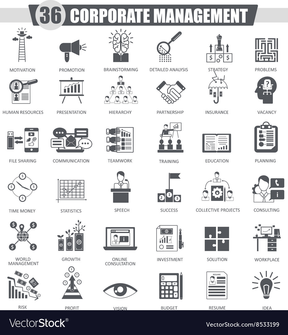 Corporate management black icon set dark Vector Image