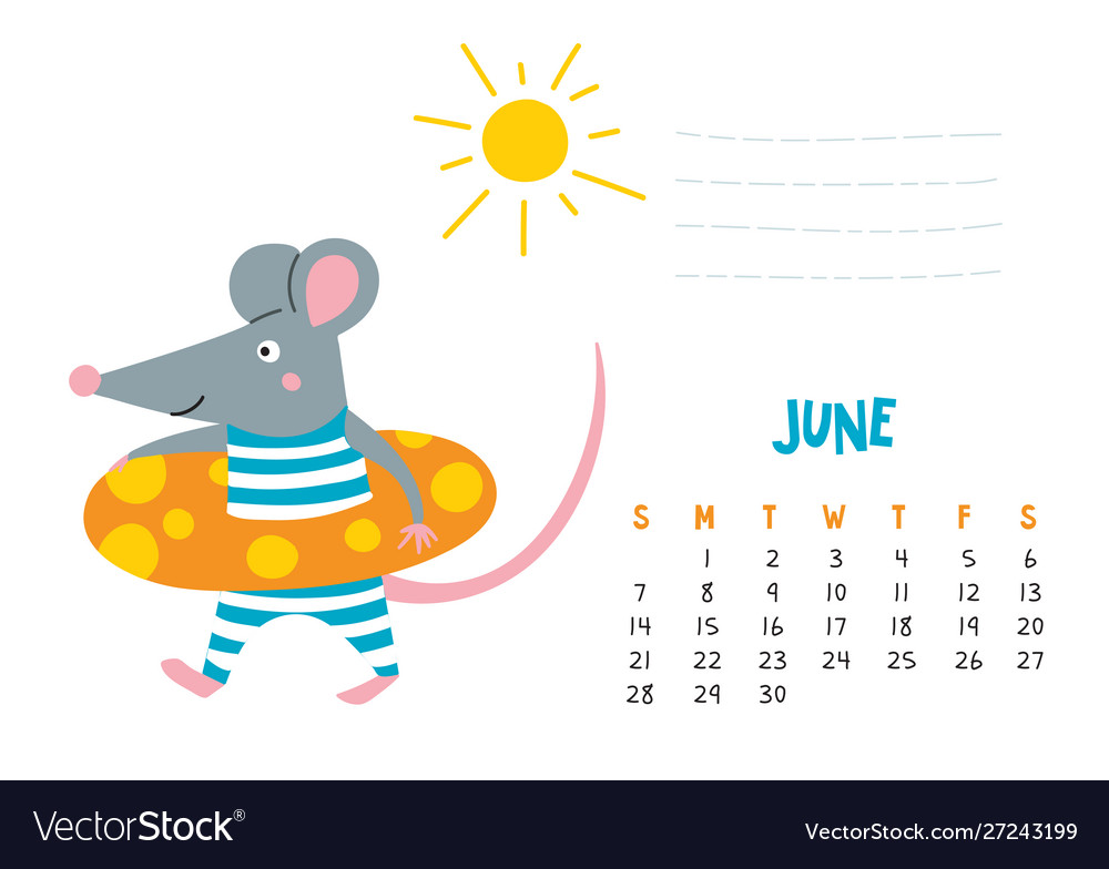 june calendar page with cute rat at beach vector image