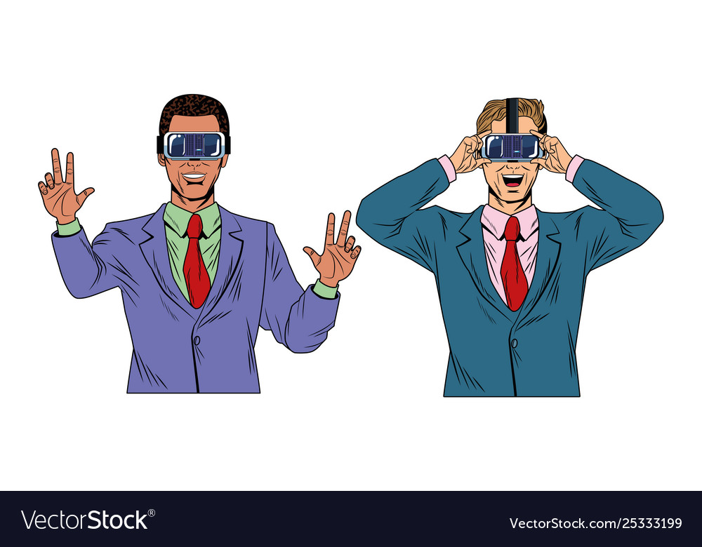 Pop art businessmen with virtual reality glasses