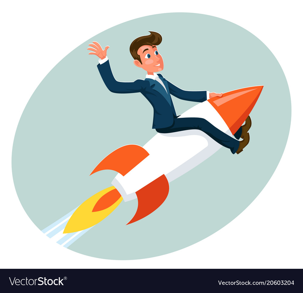 Businessman space roket ship launch sky cartoon Vector Image