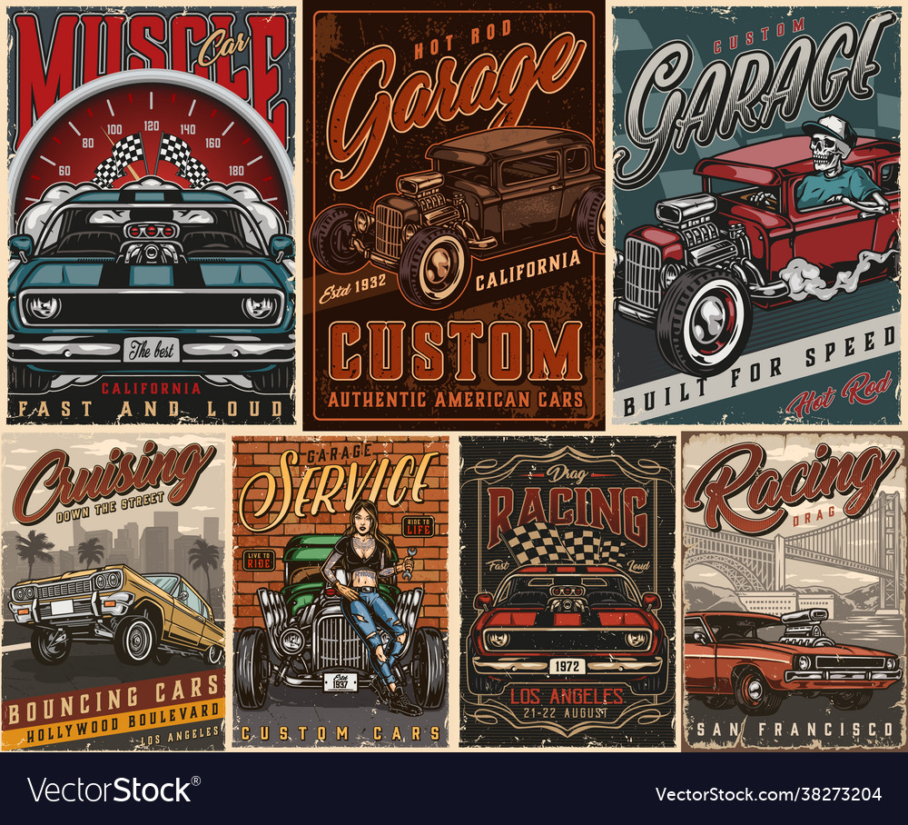 Custom cars vintage posters composition Royalty Free Vector