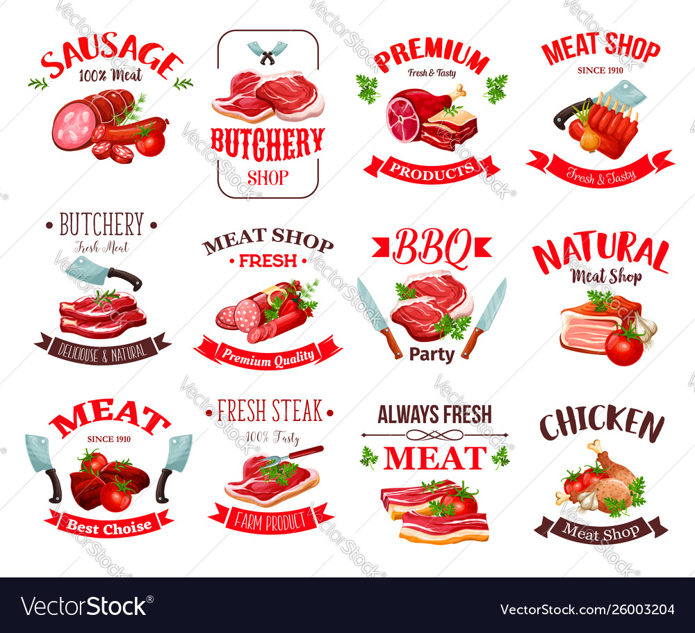 Meat Beef And Pork Sausages Ham Salami Chicken Vector Image