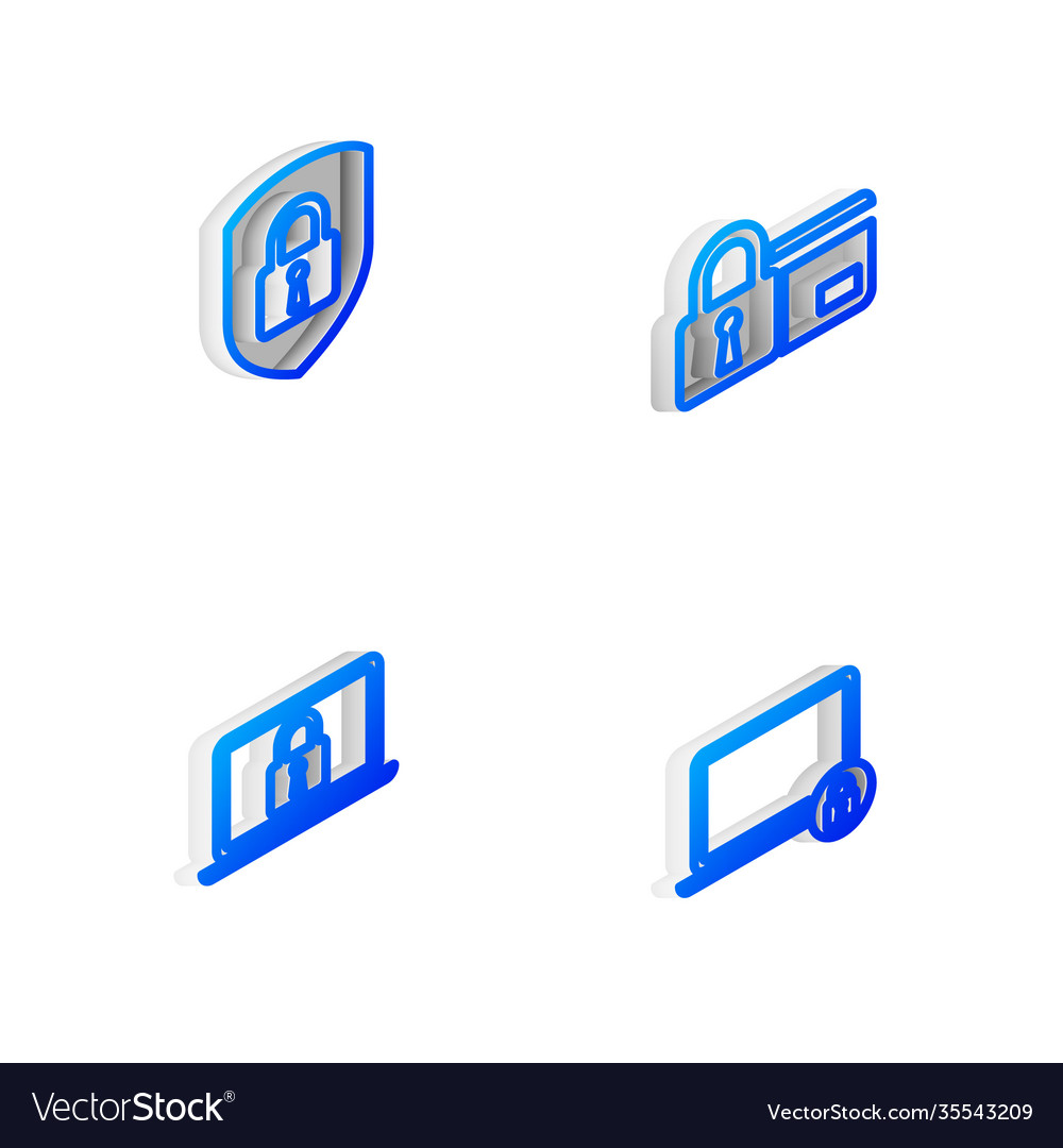 Set isometric line credit card with lock shield