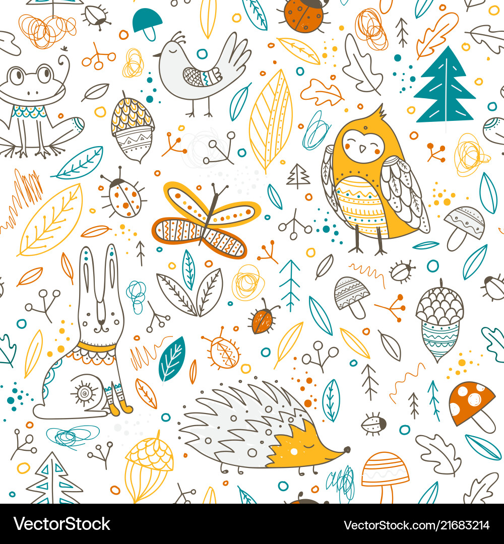 Cute forest animals and elements seamless pattern Vector Image