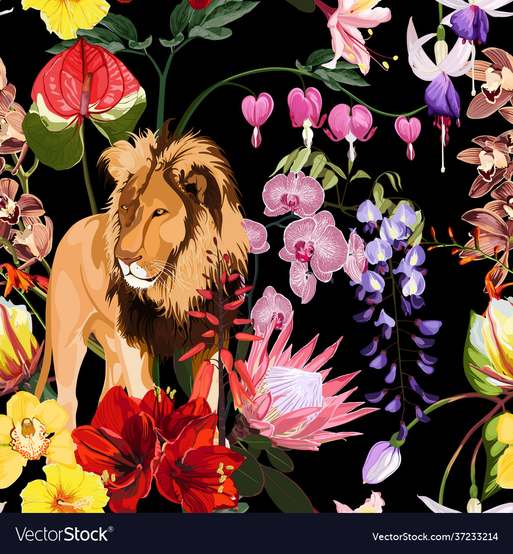 Tropical exotic flowers lion animal floral seamle Vector Image Tropical exotic flowers lion animal floral seamle Vector Image