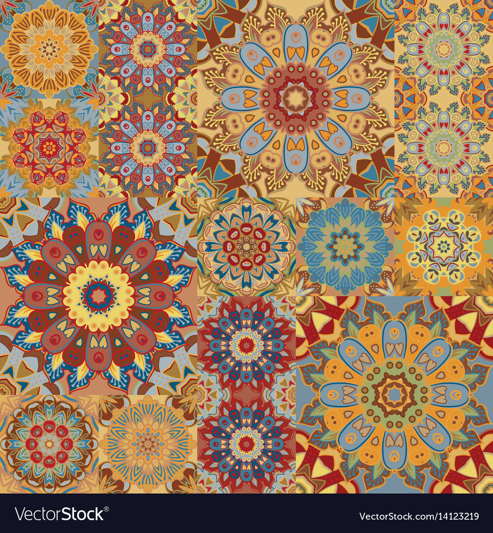 Boho Tile Set And Seamless Pattern Brown Vector Image