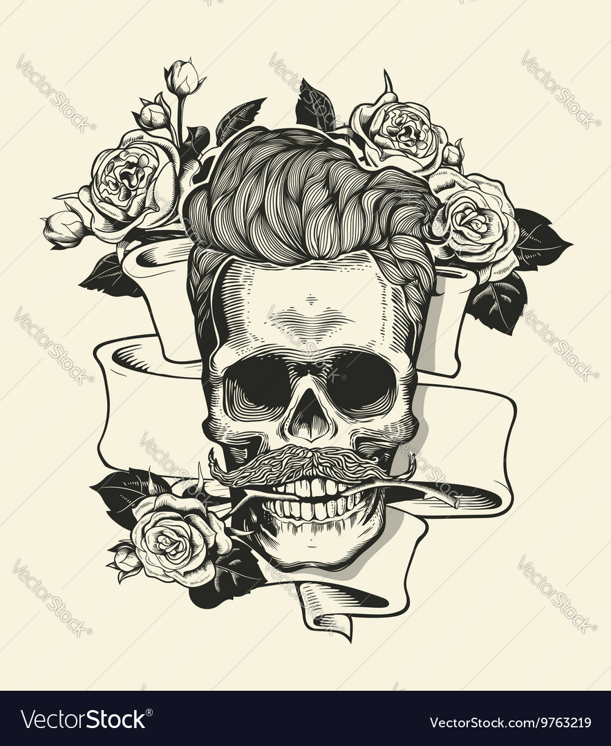 Hipster skull silhouette with mustache and arose Vector Image