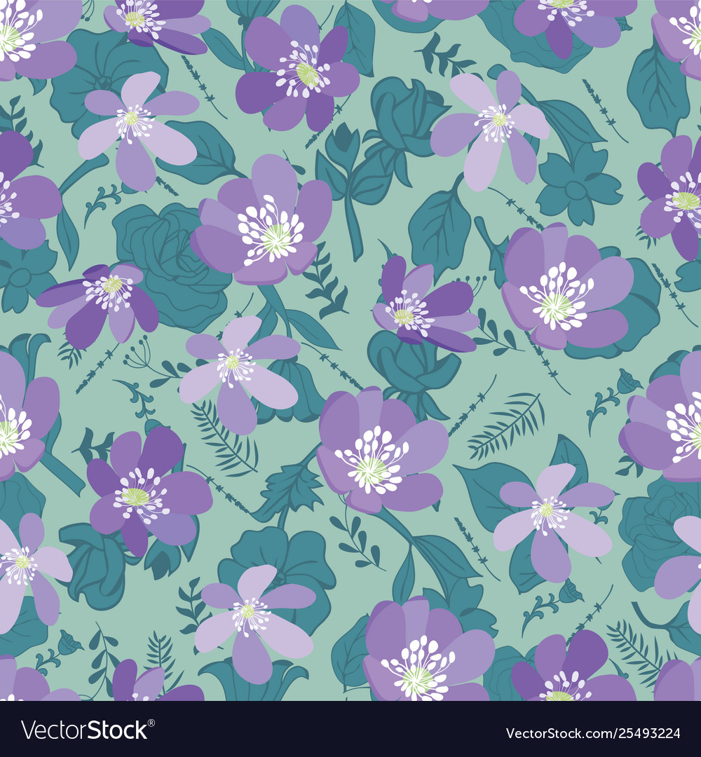 Green leaves and violet flowers seamless