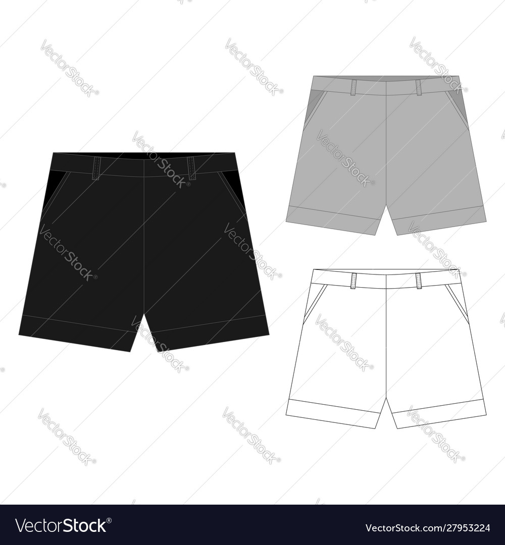 Short pants technical fashion illustration with midthigh length low  waist rise slashed pocket Flat bottom apparel template front back  white color style Women men unisex CAD mockup Stock Vector Image  Art 