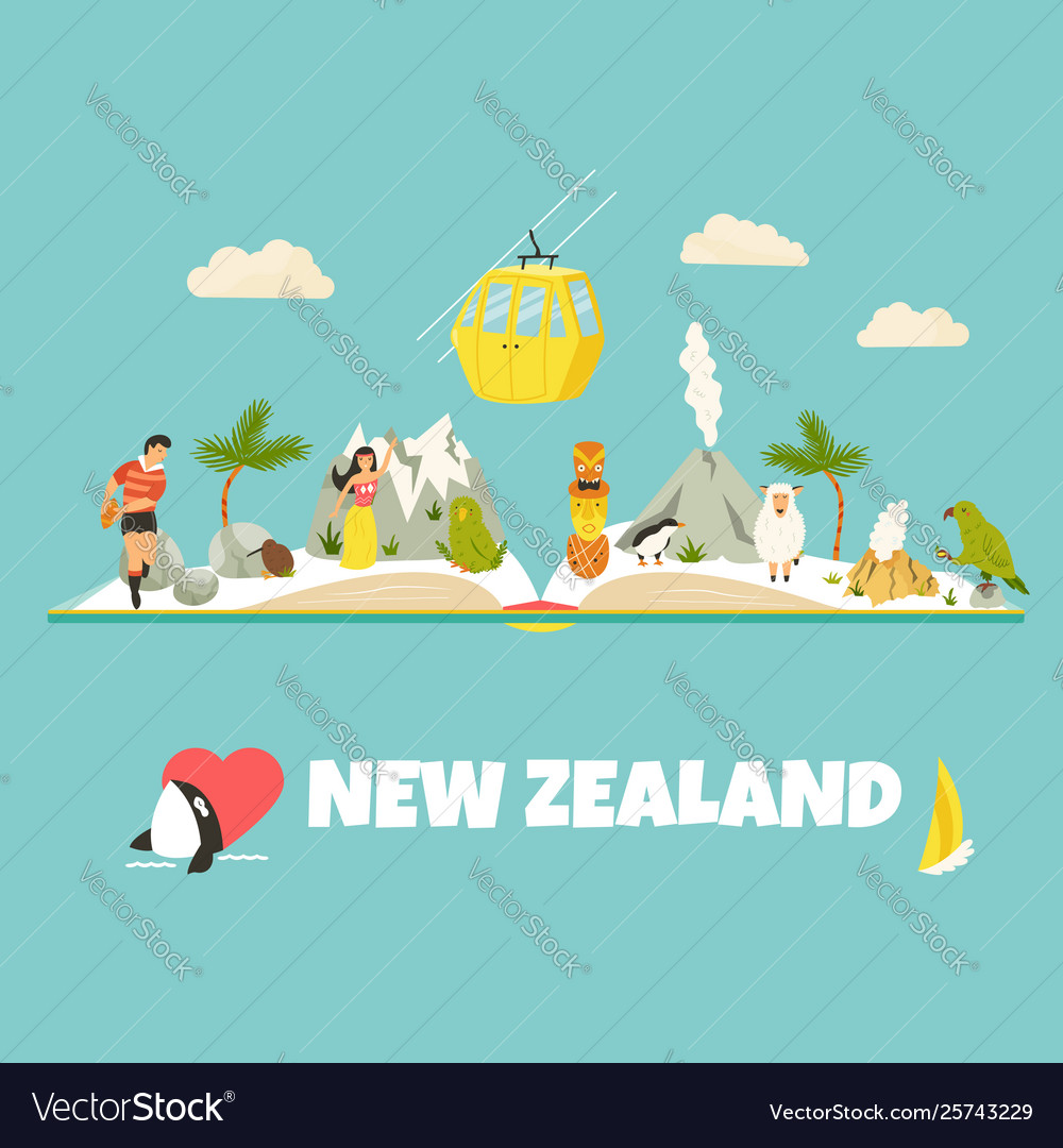 New zealand poster with symbols landmarks