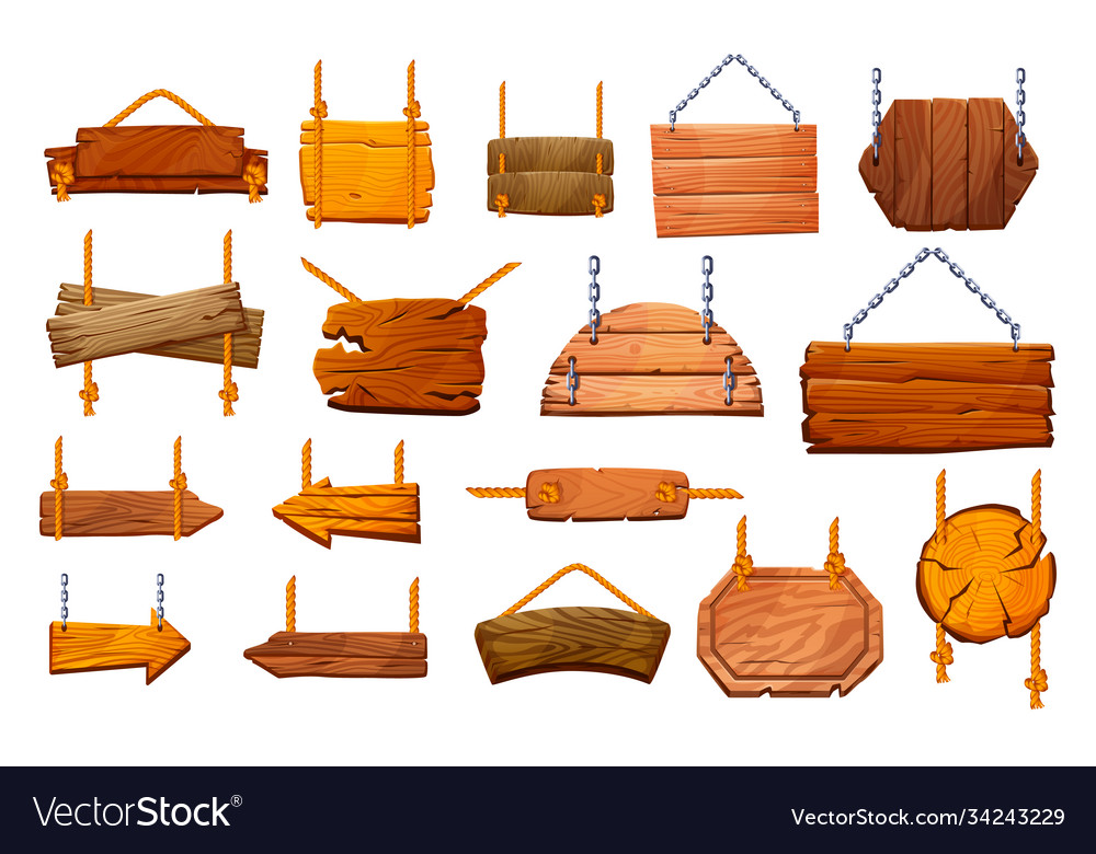 Wooden signs hanging on rope chains isolated set Vector Image