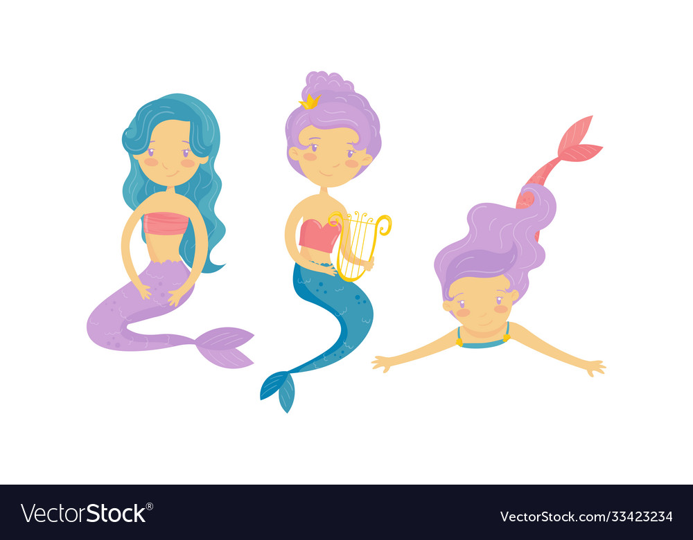 Cute mermaid floating underwater and playing harp