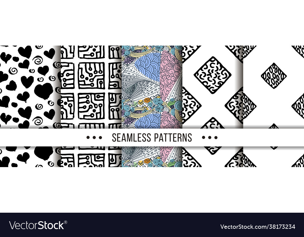 Set seamless patterns with hand-drawn elements