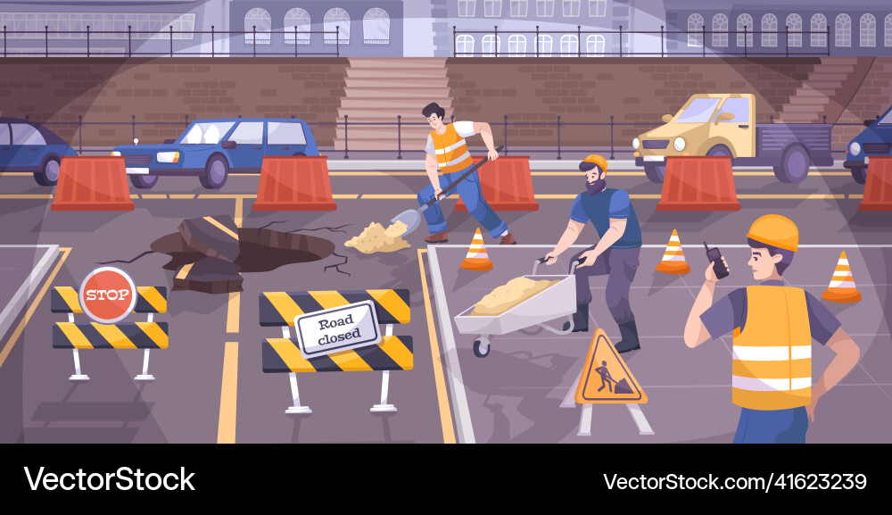 Road construction signs flat composition Vector Image