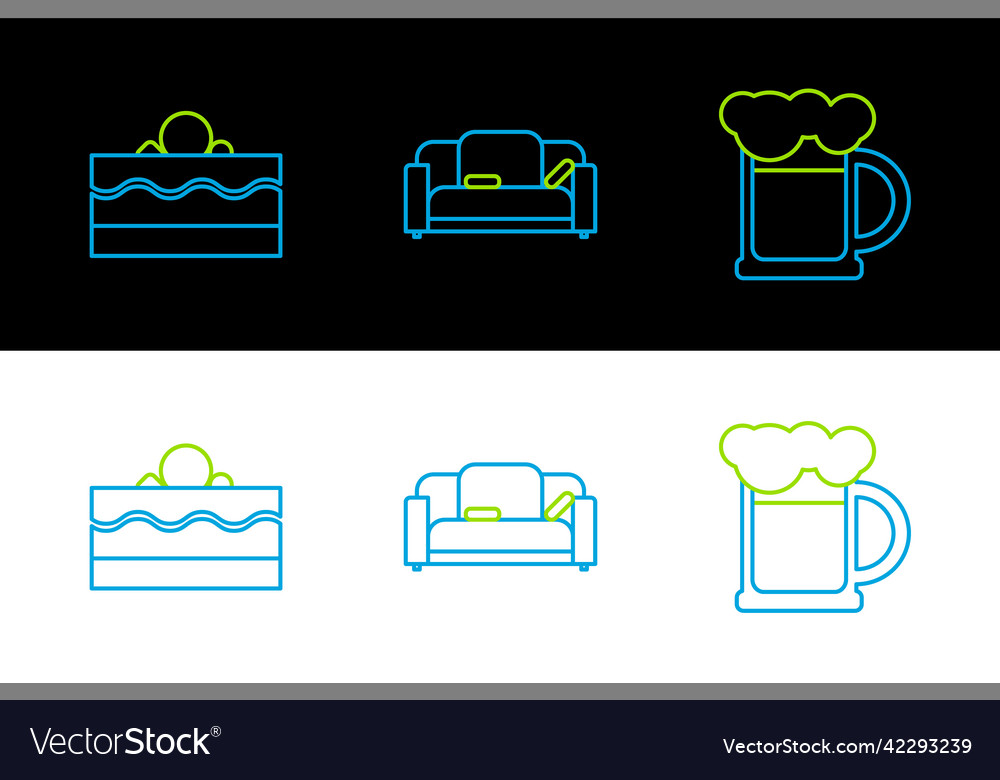 Set line wooden beer mug cake and sofa icon