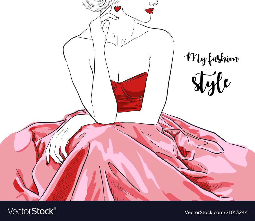 Hand Drawn Woman In Dress Fashion Model Royalty Free Vector