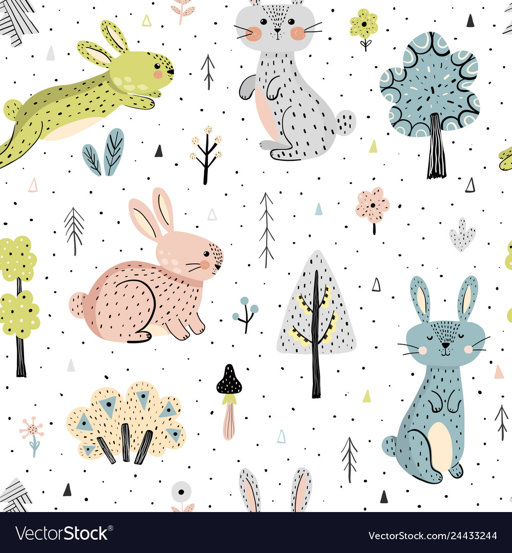 Seamless pattern with bunnies in the forest Vector Image