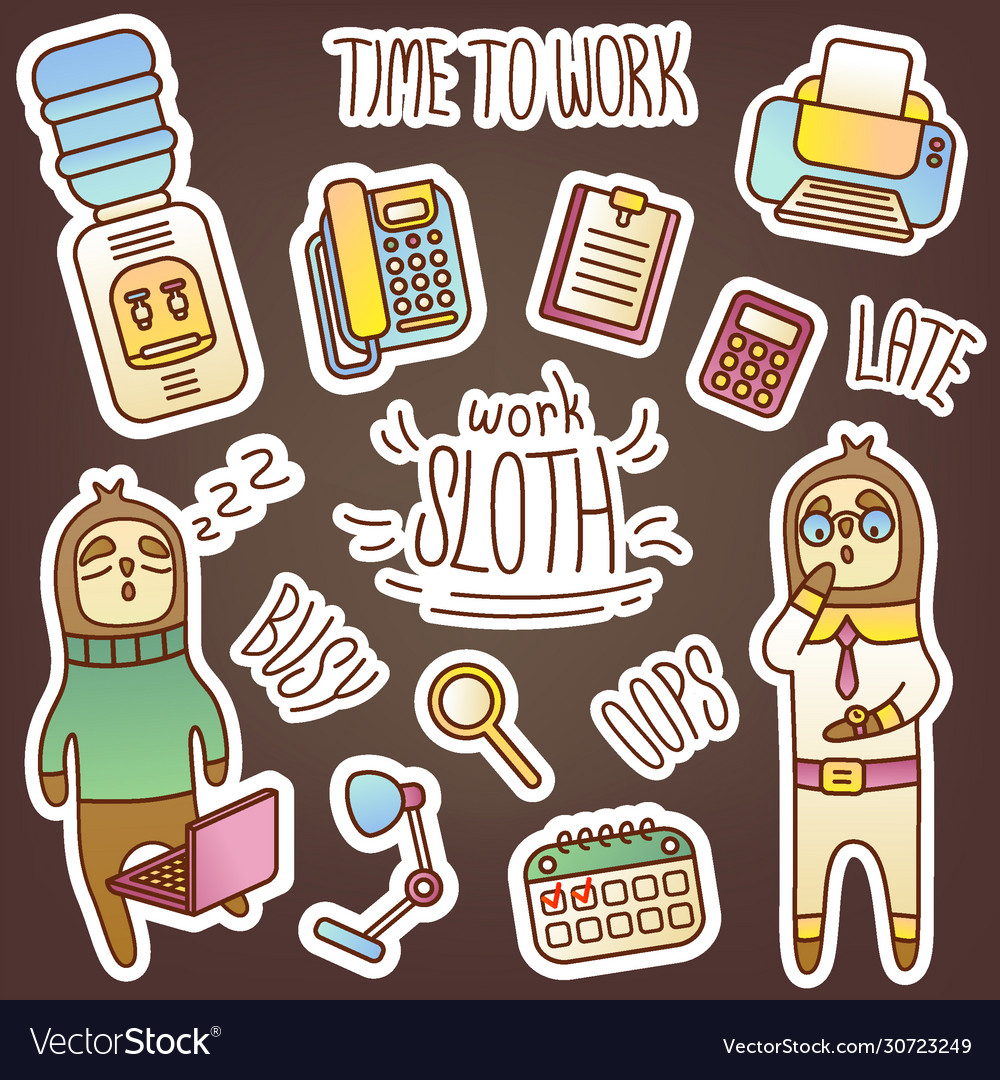 Funny sticker pack with business sloth Royalty Free Vector