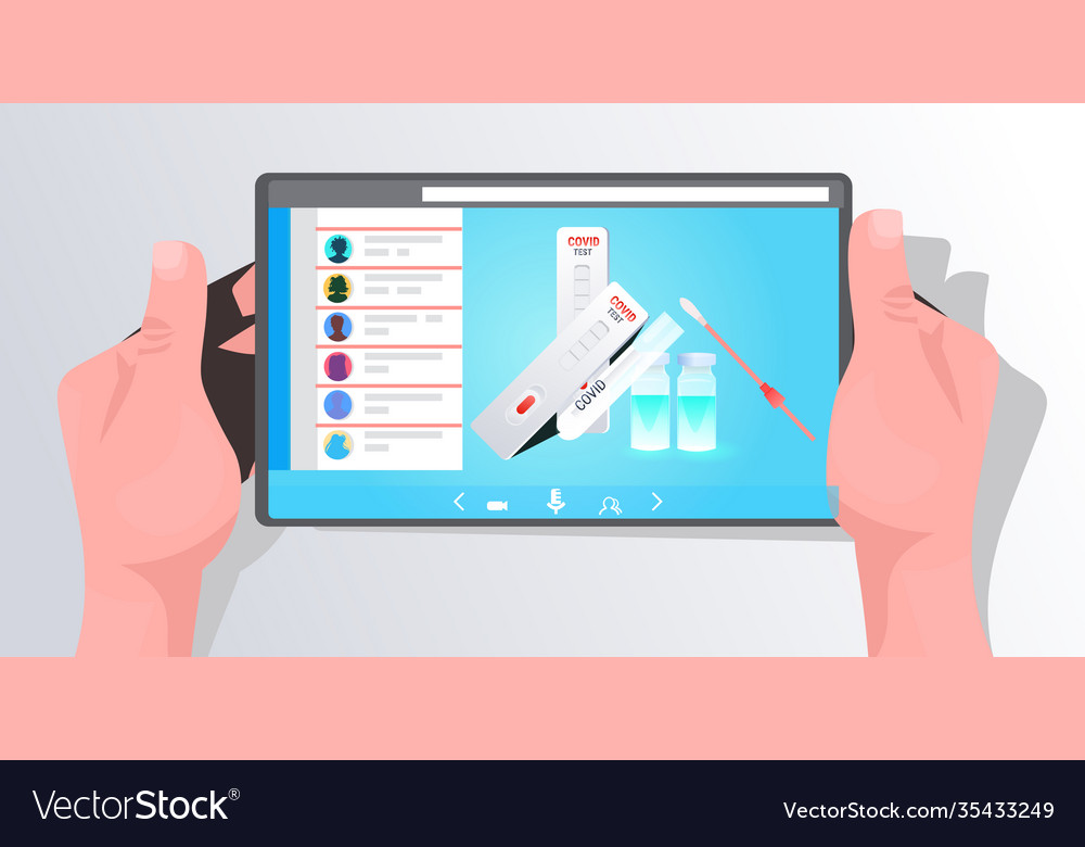 Hands using tablet pc with covid-19 swab nasal