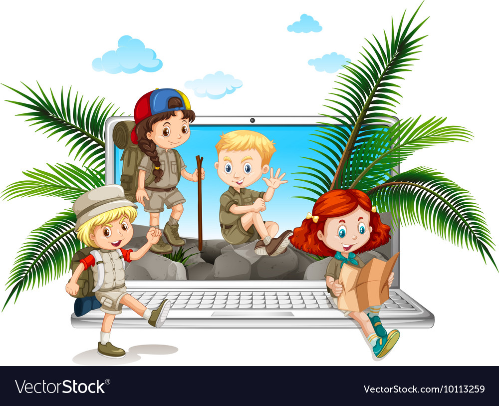 Children in safari outfit on computer screen