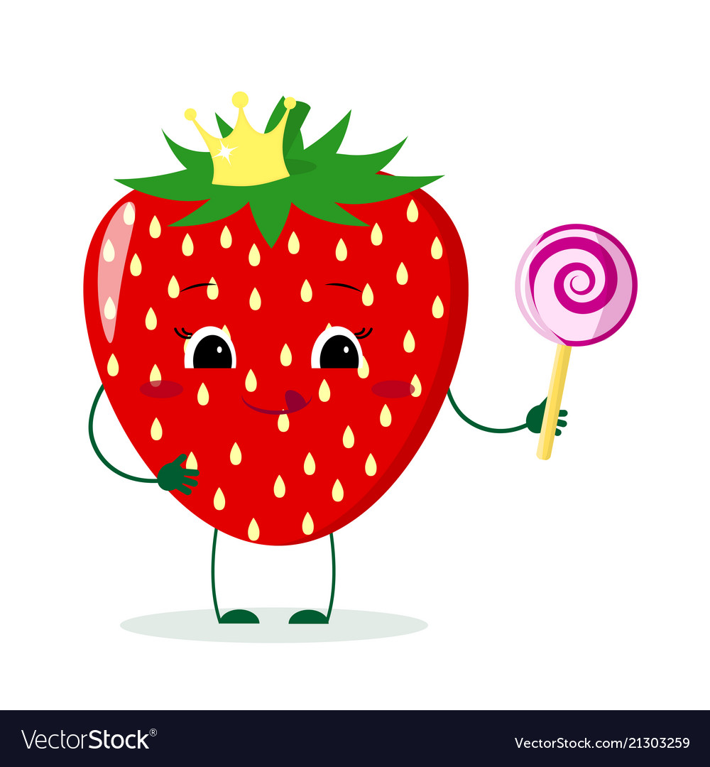 Cute strawberry cartoon character with crown holds