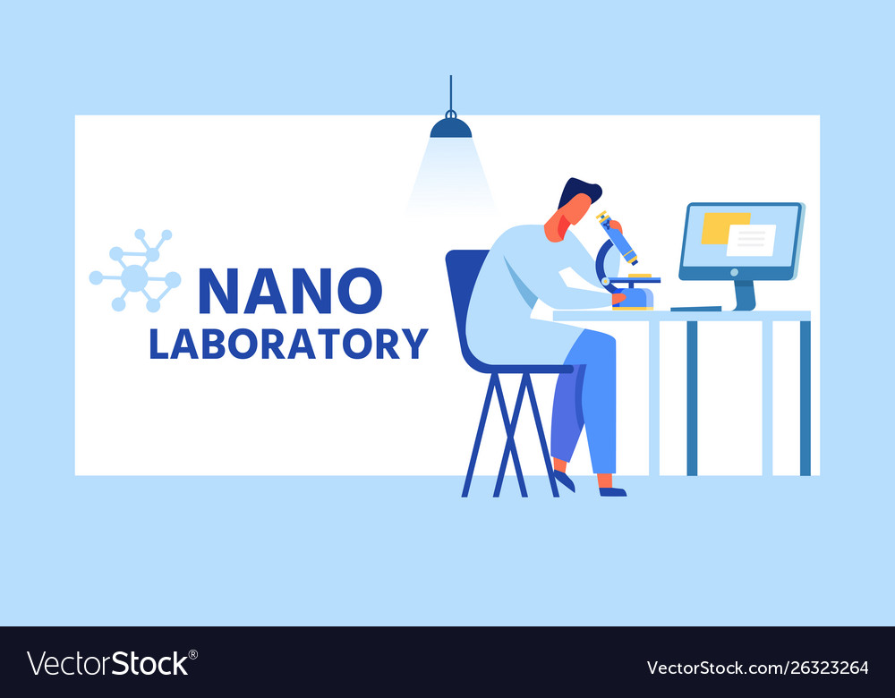 Nano laboratory cartoon ad banner with flat frame