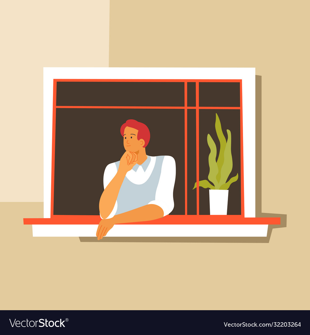 Thoughtful man looking out window pensive Vector Image