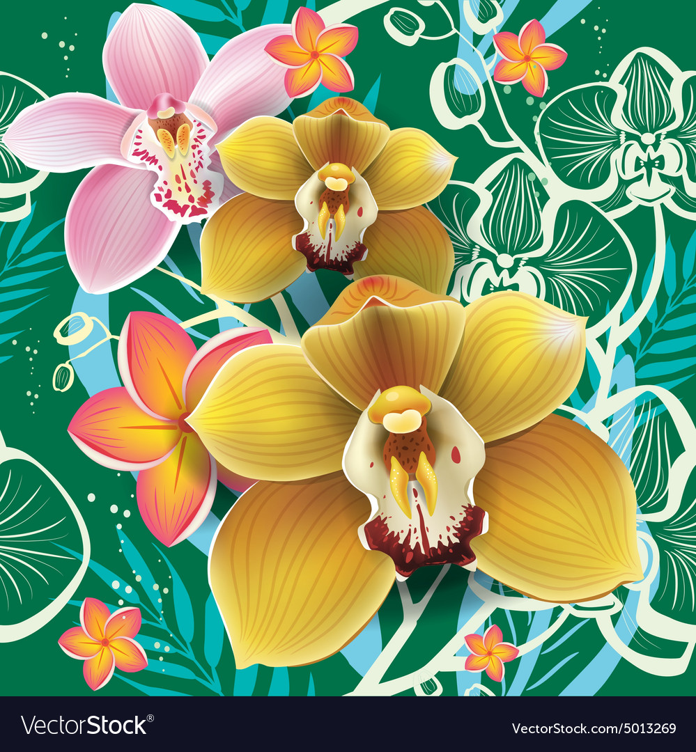 Seamless Floral Pattern With Orchid On Green Vector Image