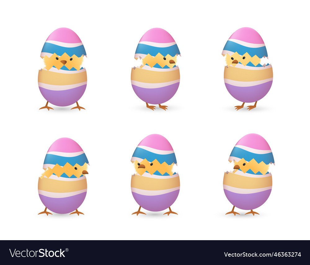 Chicks in broken rainbow easter eggs set Vector Image