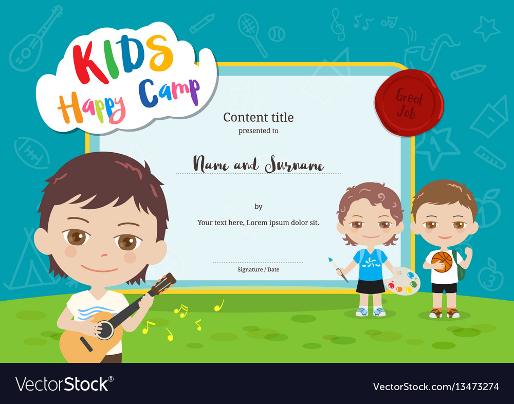 colorful kids summer camp diploma certificate vector image