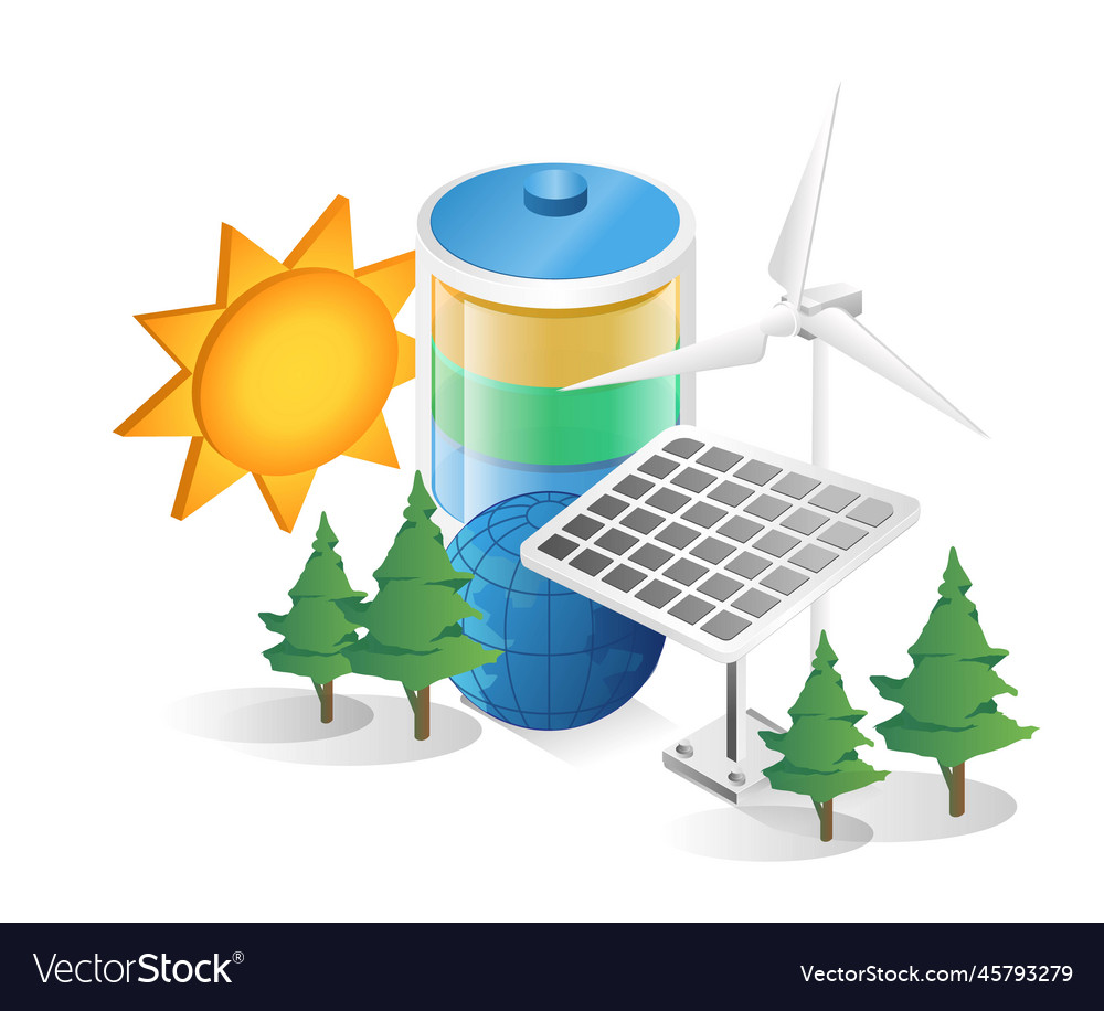 Flat isometric 3d concept of battery energy solar