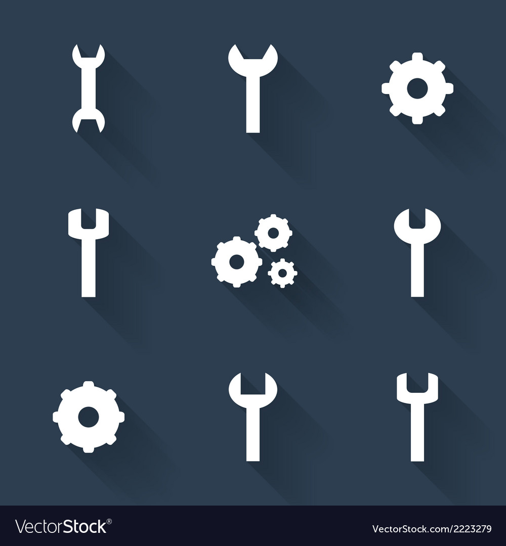 Gear and wrench white icons set over blue