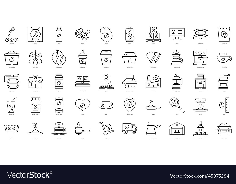 Linear style coffee production icons bundle Vector Image