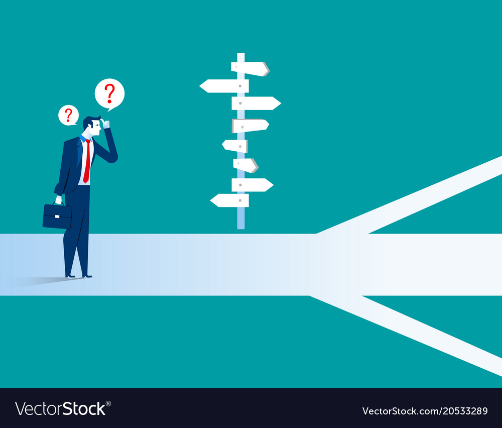 Businessman standing confused by direction sign Vector Image