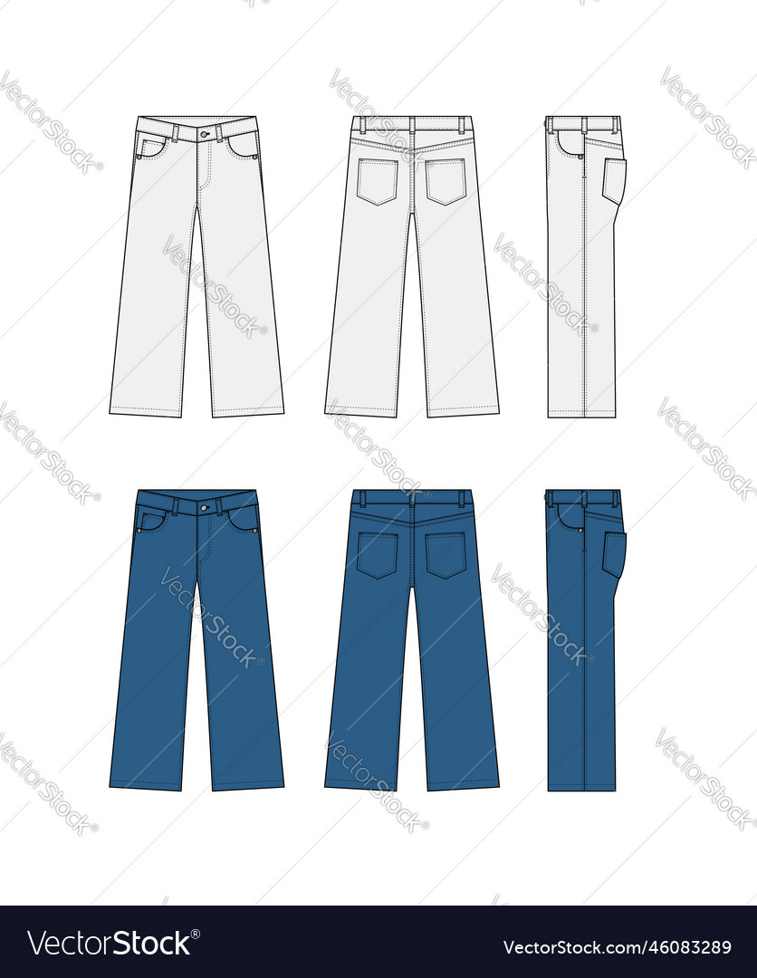 Wide jeans pants template set Royalty Free Vector Image