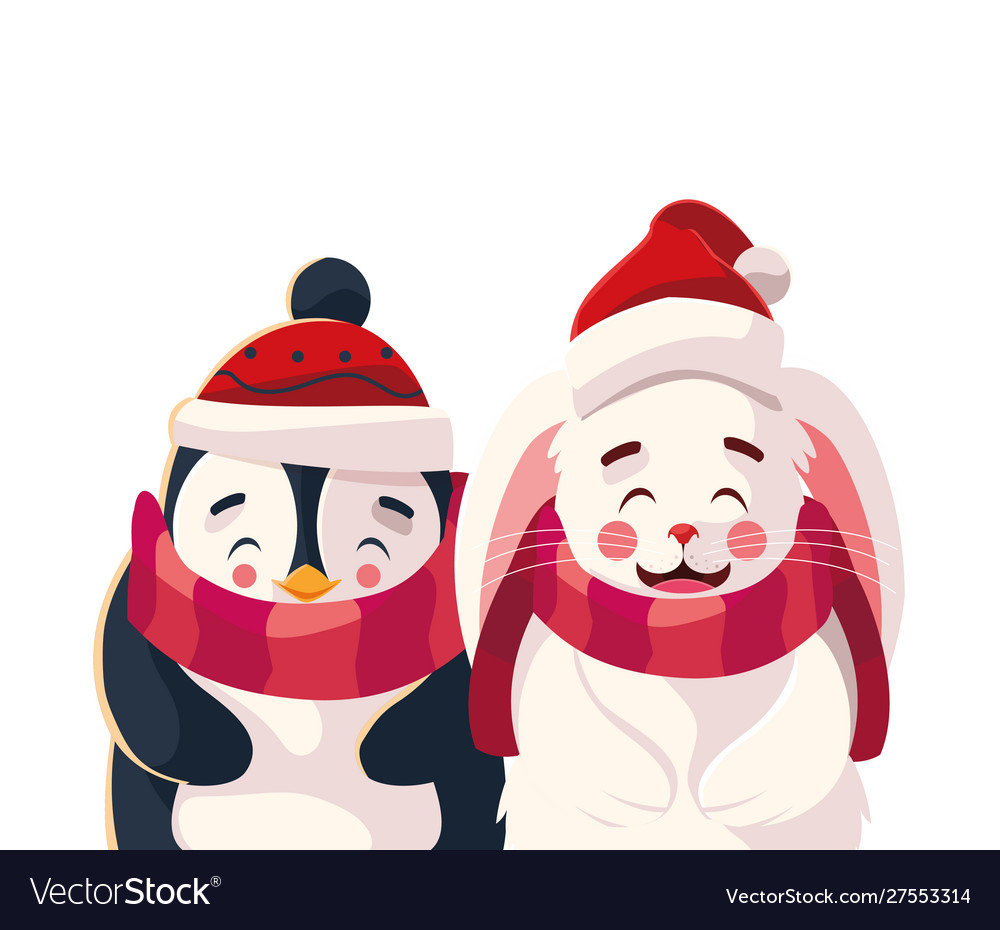 Penguin and rabbit with hat scarf in white