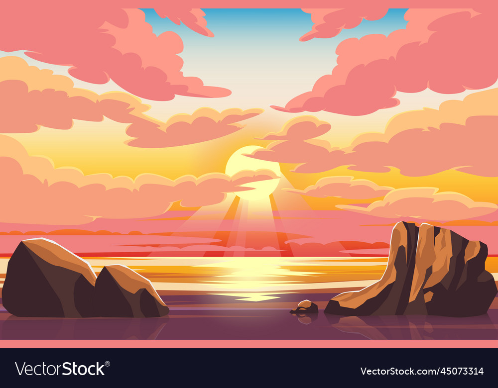 Sea ocean scenery at sunset with orange sun Vector Image