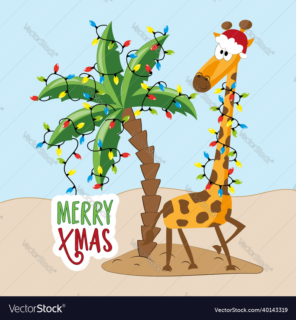 Merry xmas - cute giraffe in santa hat on island vector image Merry xmas - cute giraffe in santa hat on island