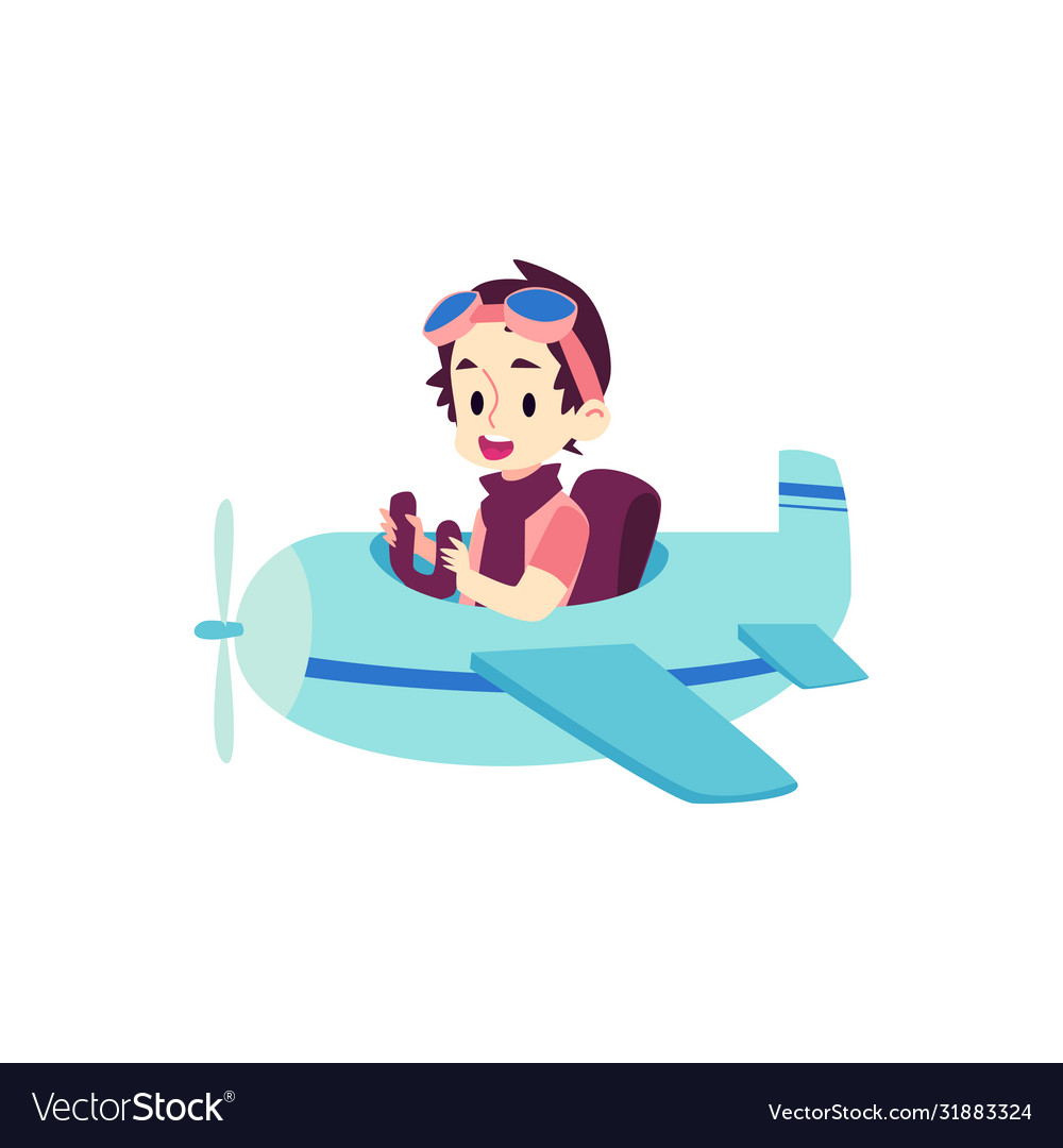 Child pilot flying a blue airplane - happy cartoon Child pilot flying a blue airplane - happy cartoon