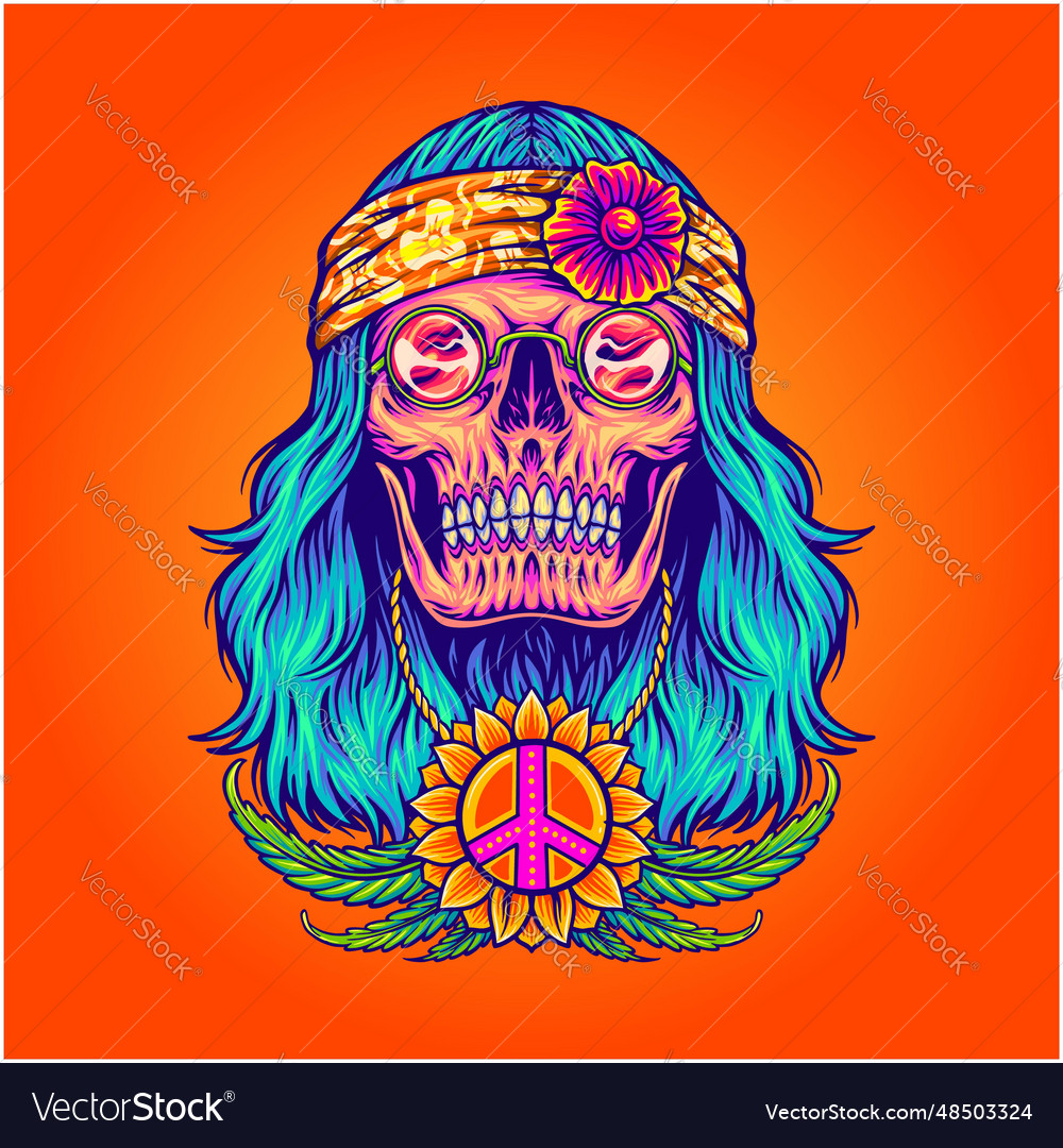 Flower child skull with pot leaf peace symbol