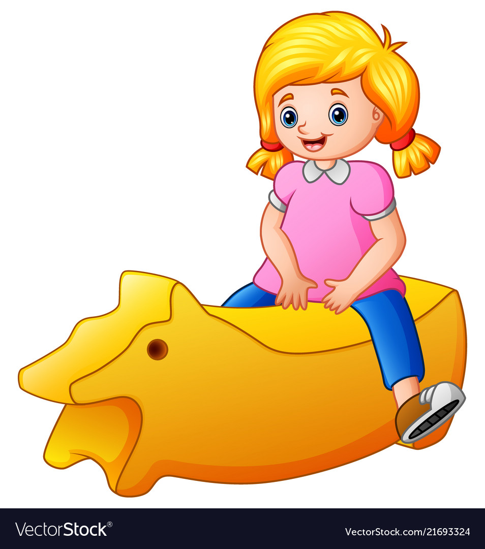 Little girl riding a yellow toy isolated on white