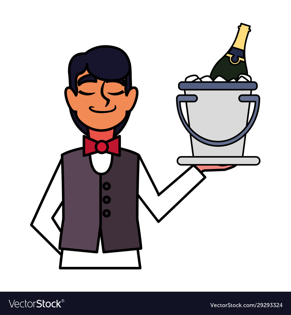 Man waiter holding tray with bottle wine on white Vector Image