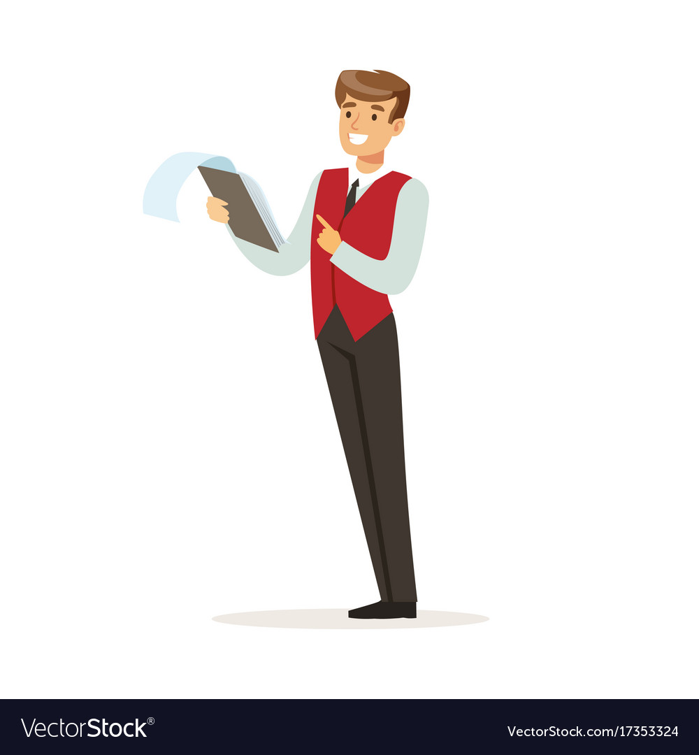 Smiling Male Hotel Manager Character Wearing Red Vector Image smiling-male-hotel-manager-character-wearing-red-vector-image