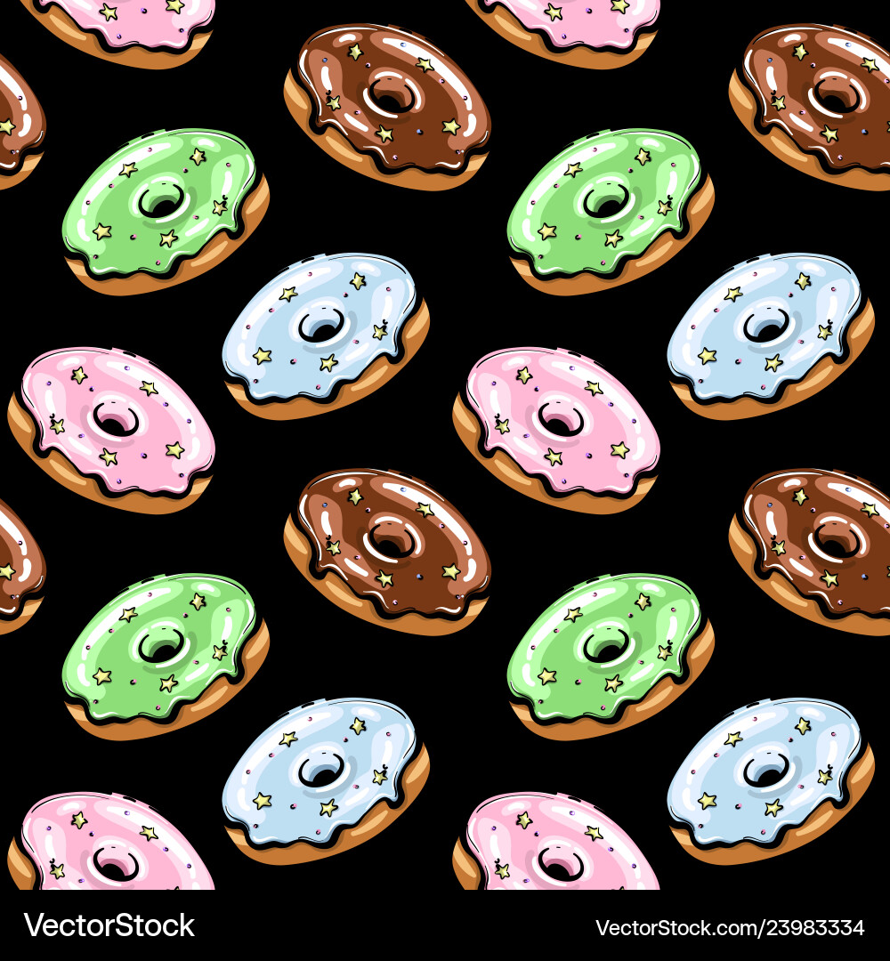 Black glazed donut seamless pattern Royalty Free Vector