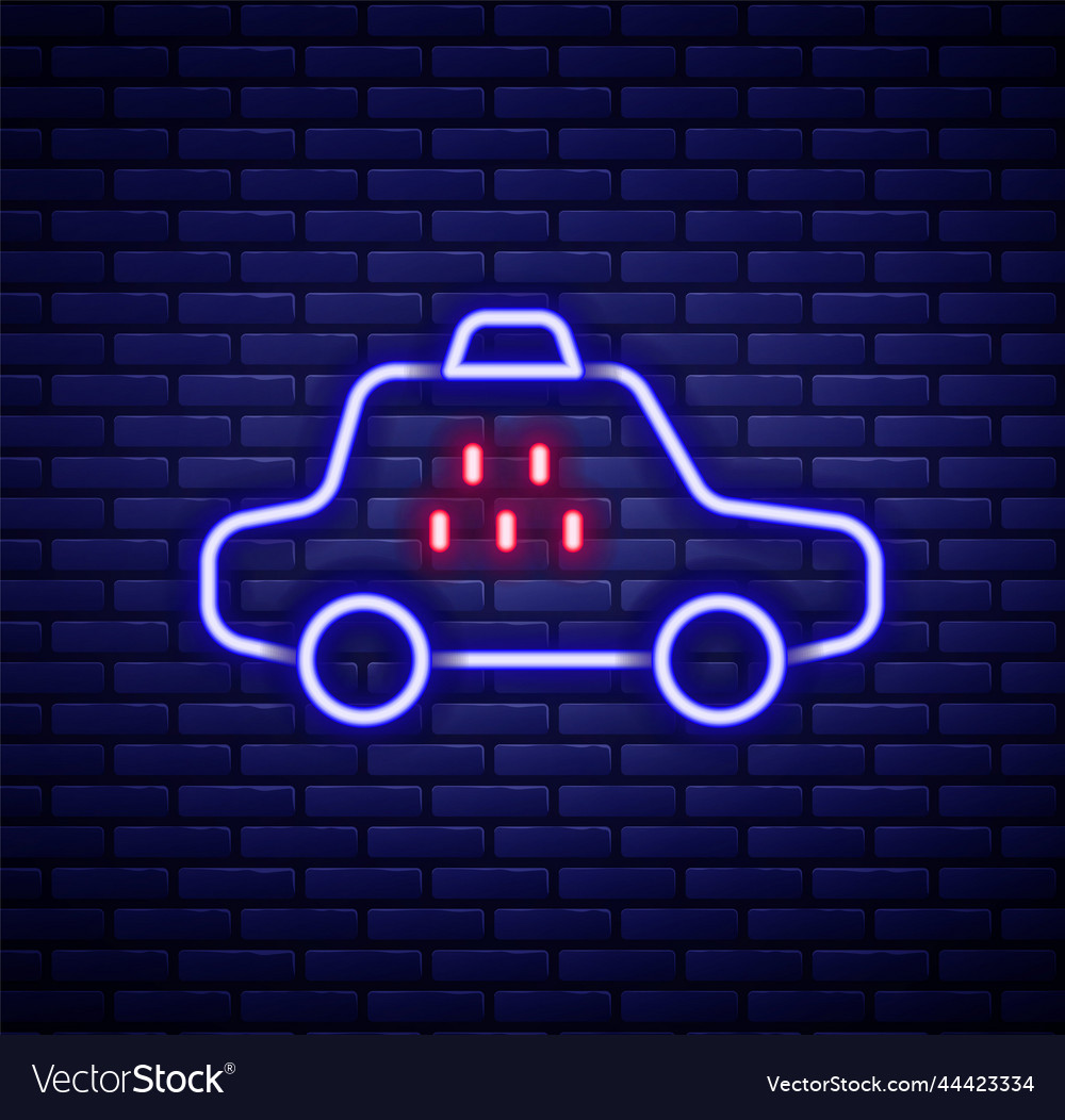 Glowing neon line taxi car icon isolated on brick