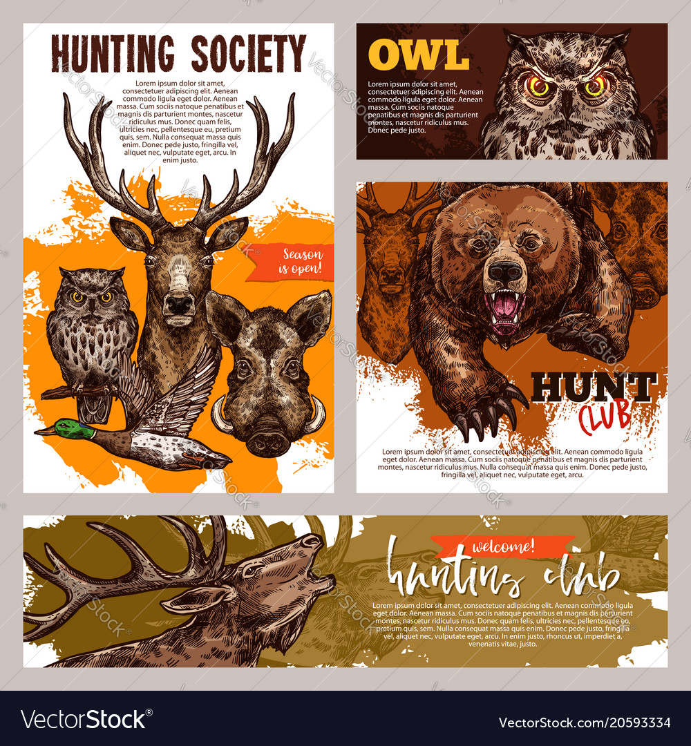 Hunting Club Banner With Deer Duck Bear And Boar Vector Image
