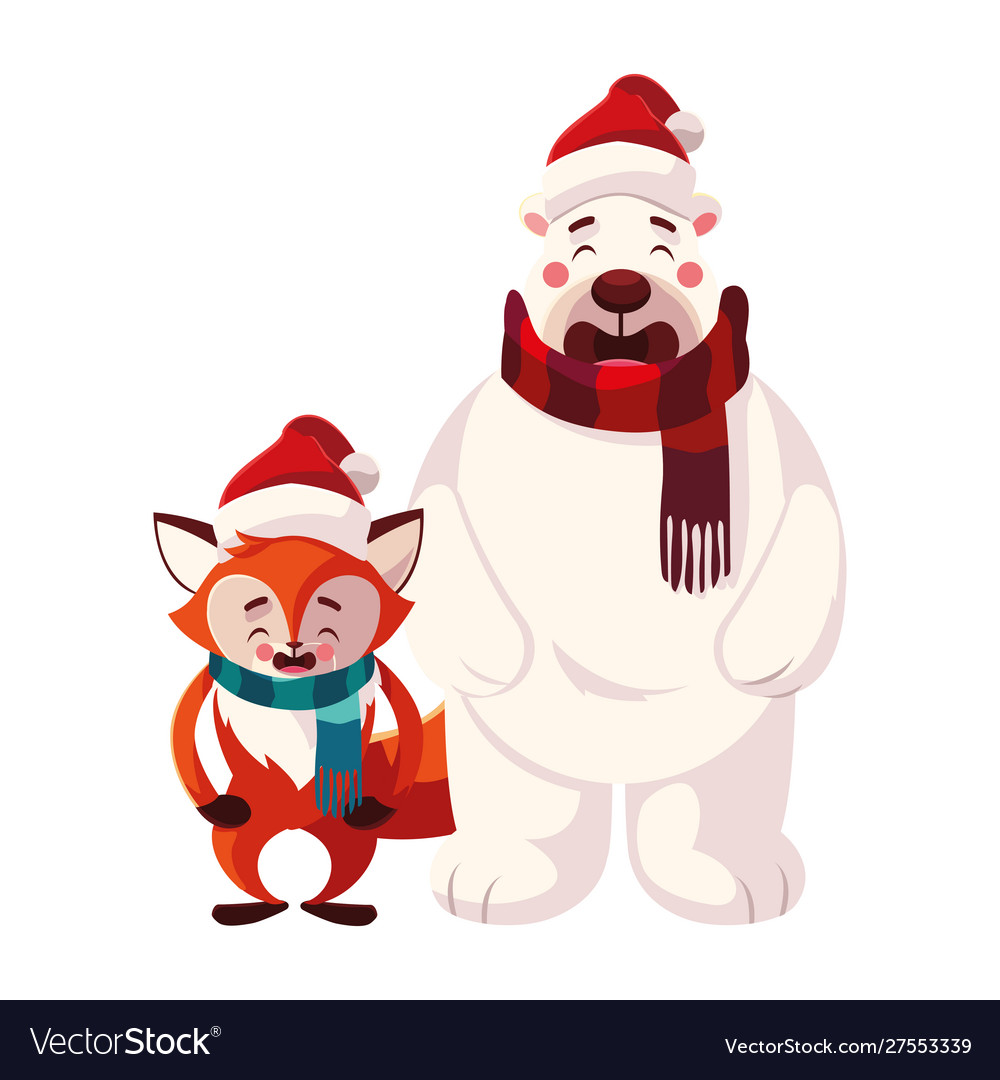 Polar bear and fox with hat in white background