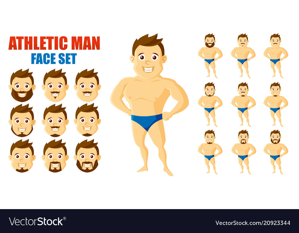 Athletic man face set cartoon character